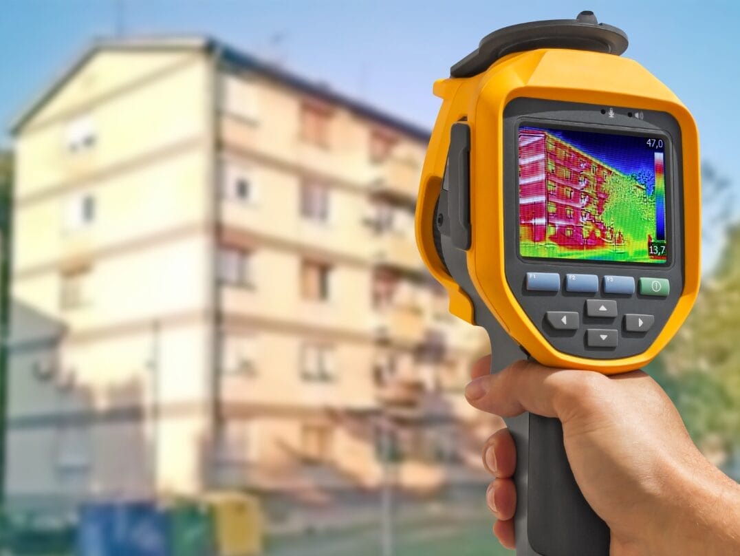 Thermal imaging camera showing heat patterns on a multi-story commercial building.