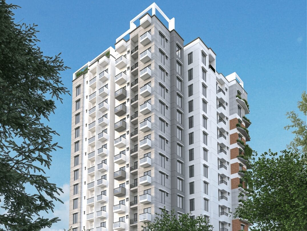 Modern commercial apartment building with multiple balconies and exterior finishes